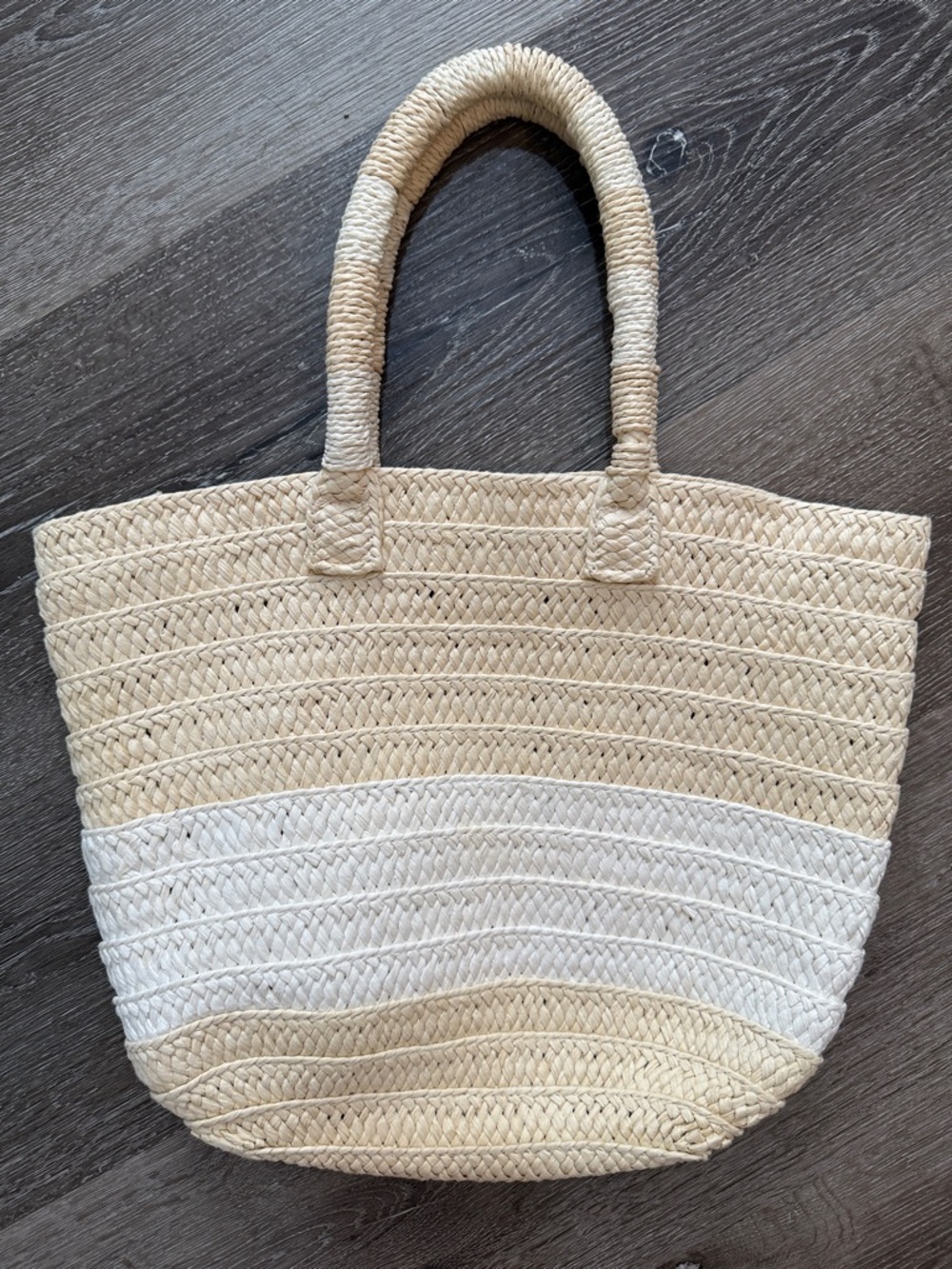 100% Paper Straw Woven Tote Tan Cream Coastal Grandma Beach Vacation Bag Altru